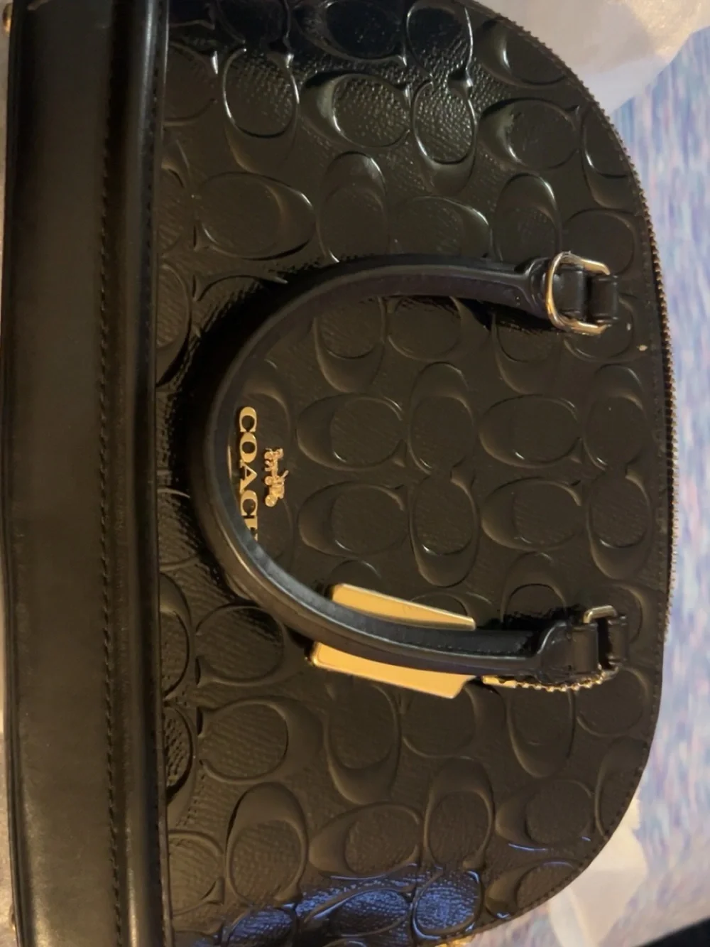 COACH Black Patent Signature Dome Satchel with Gold Hardware